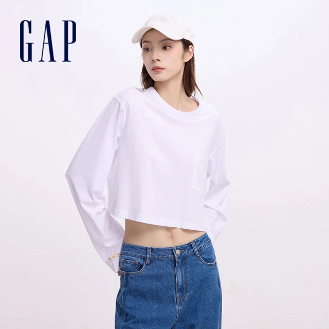 GAP 女裝 純棉圓領長袖T恤-白色(639096)