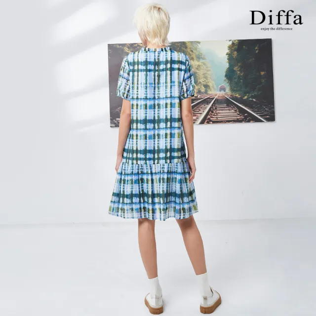 【Diffa】歐風時尚藍綠格短袖連身洋裝-女