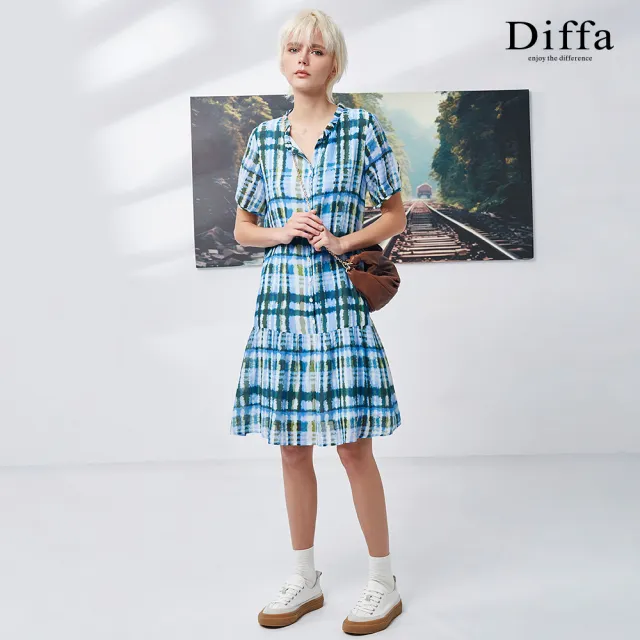 【Diffa】歐風時尚藍綠格短袖連身洋裝-女