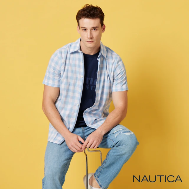 NAUTICA 男裝 夏日清新透氣短袖襯衫(藍色)