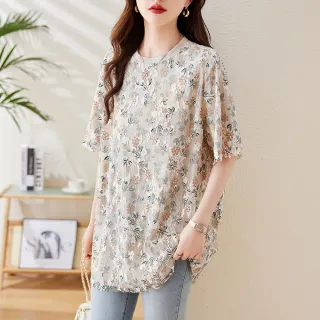 【ALLK 歐楷】新品 網紗拼接雪紡衫長上衣 奶茶色(尺寸L-XXL/中大尺碼/涼爽/透氣)