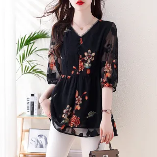 【ALLK 歐楷】新品 印花雪紡衫長上衣 圖片色(尺寸L-3XL/中大尺碼/涼爽/透氣)