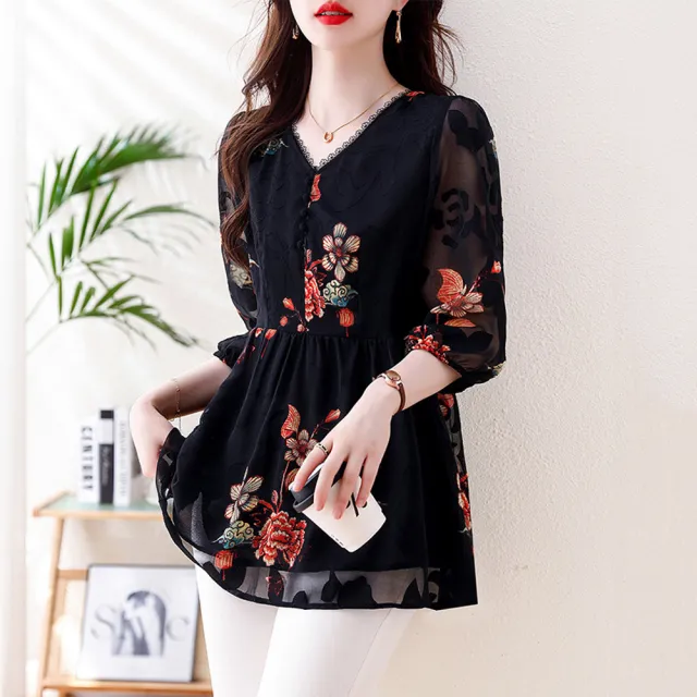 【ALLK 歐楷】新品上架 印花雪紡衫長上衣 圖片色(尺寸L-3XL/中大尺碼/涼爽/透氣)