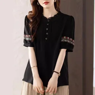 【ALLK 歐楷】新品 刺繡雪紡衫長上衣 黑色(尺寸L-XXL/中大尺碼/涼爽/透氣)