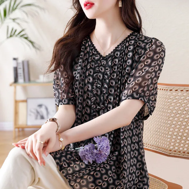 【ALLK 歐楷】新品 印花雪紡衫長上衣 圖片色(尺寸L-XXL/中大尺碼/涼爽/透氣)