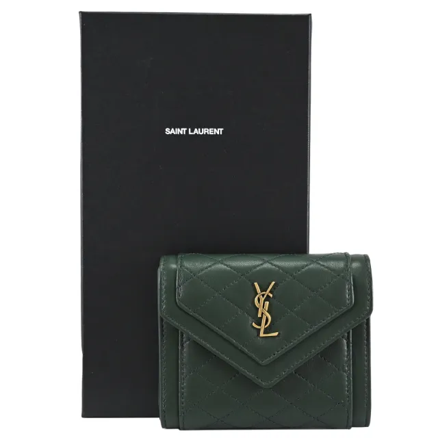 【YSL】經典字母LOGO菱格縫線小羊皮三折扣式零錢短夾(深綠)