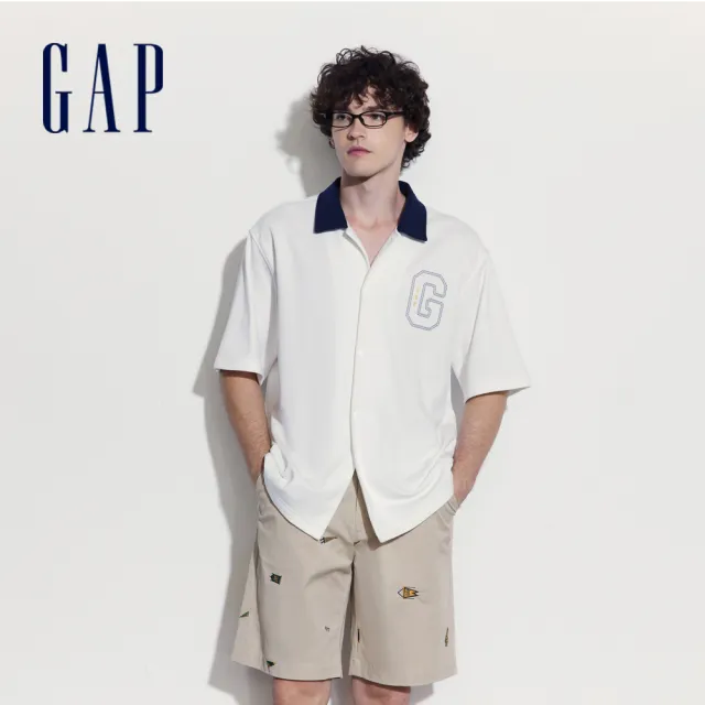 【GAP】男裝 Logo短袖翻領襯衫 碳素軟磨法式圈織系列-白色(466818)