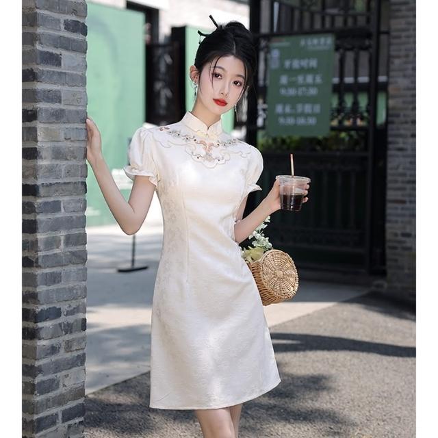 【巴黎精品】現貨+預購 女新中式旗袍連身裙改良旗袍A字裙長裙大碼洋裝休閒大尺碼女裝(泡泡袖收腰2色a1gc54)