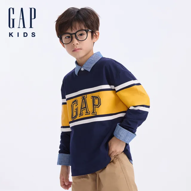 【GAP】男童裝 Logo純棉印花圓領長袖T恤-黃藍拼接(634883)