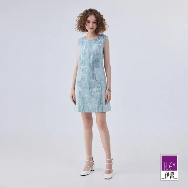 【ILEY 伊蕾】水波紋亮片電繡仿丹寧無袖洋裝(淺藍色;M-XL;1242318741)