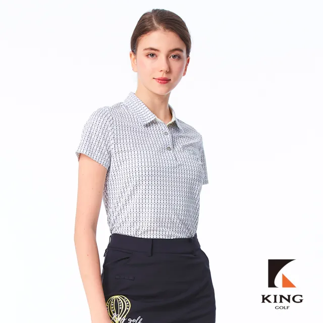 【KING GOLF】實體同步款-女款滿版橢圓圓圈印花立體燙鑽透氣涼感開襟短袖POLO衫/高爾夫球衫(藍色)