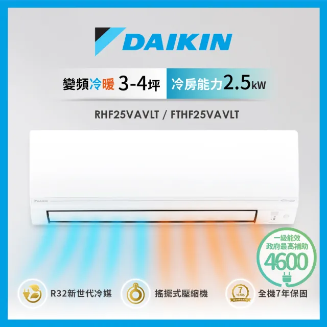 【DAIKIN 大金】3-4坪經典V型變頻冷暖分離式冷氣(RHF25VAVLT/FTHF25VAVLT)