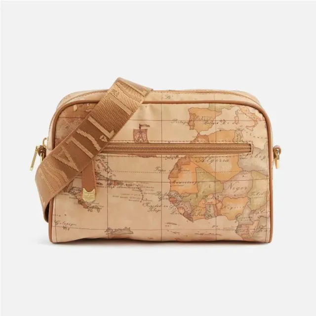 【Alviero Martini】義大利地圖包 PU尼龍拉鍊兩用手拿 斜側記者包25cm(地圖黃)