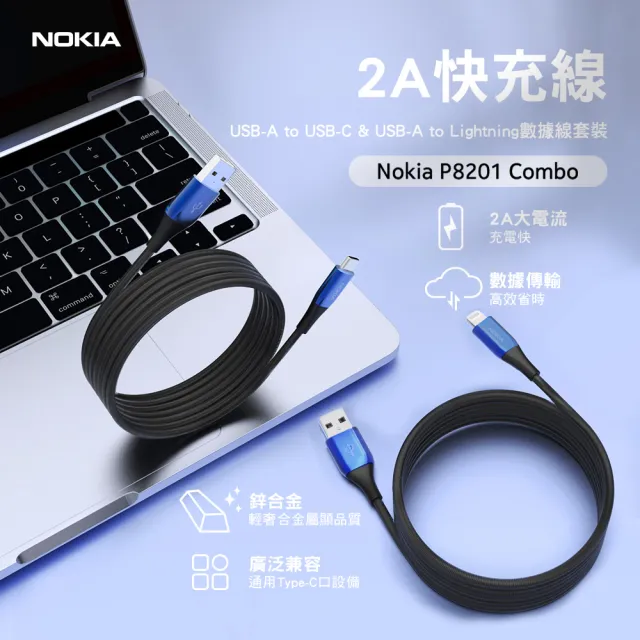 【NOKIA】1+1超值組P8201Combo USB轉Type-C/Lightning 1.25M 鋁合金快充充電傳輸線(送65W充電器組)