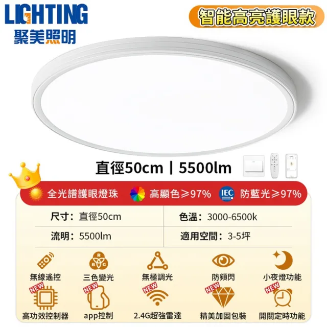 【聚美照明】吸頂燈 超薄led吸頂燈 50CM 5500lm 智能高亮護眼款(超薄吸頂燈/防藍光護眼吸頂燈)