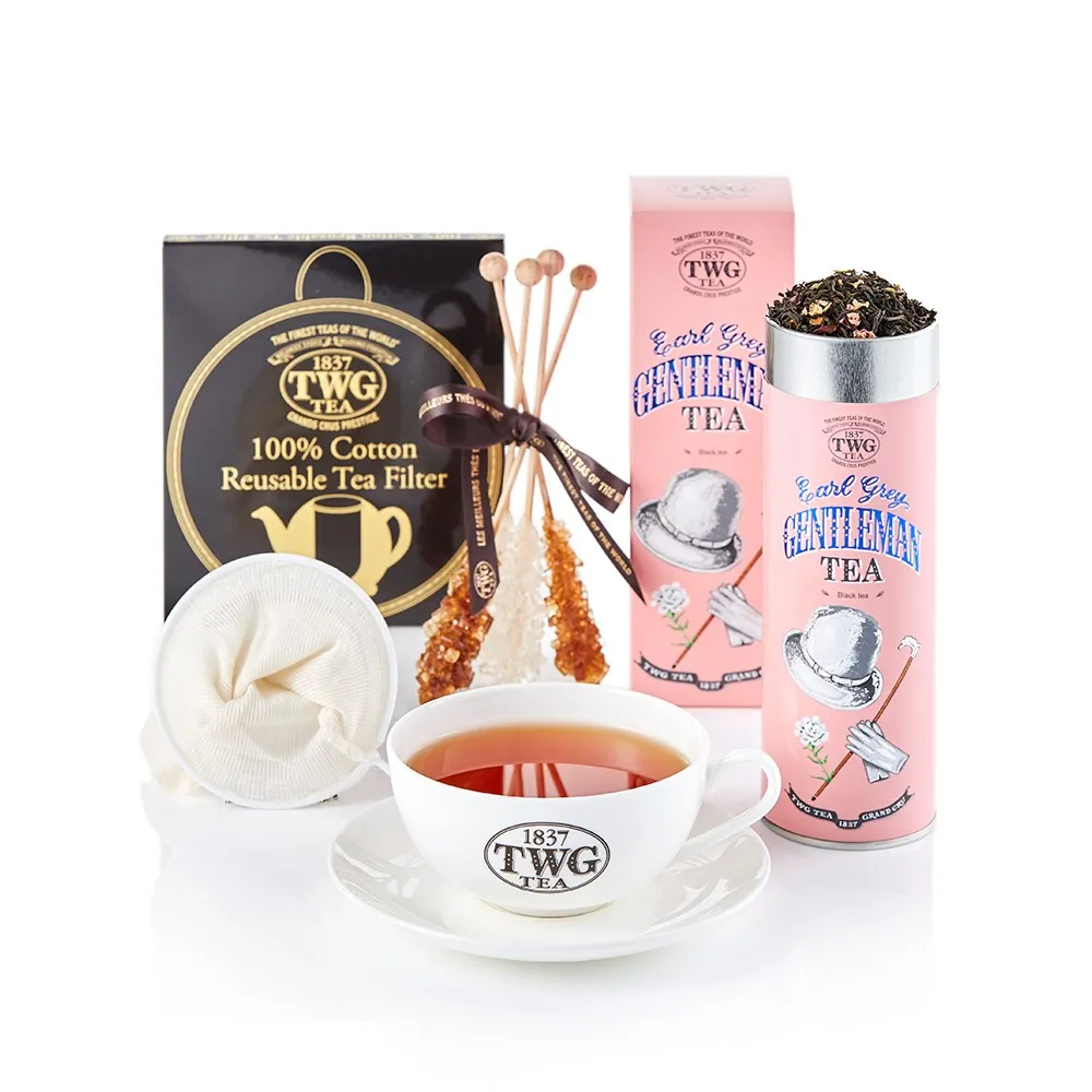 【TWG Tea】紳士伯爵茗茶禮物組(紳士伯爵/多款茗茶 100g/罐+早茶杯盤組+濾茶網+茶糖棒)