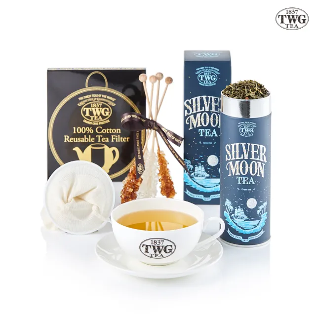 【TWG Tea】茗茶饗宴禮物組(銀月綠茶/多款茗茶100g +早茶杯盤組+濾茶網+茶糖棒)