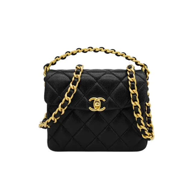 【CHANEL 香奈兒】粒紋牛皮造型金鍊手提斜背包(AS4472-黑)