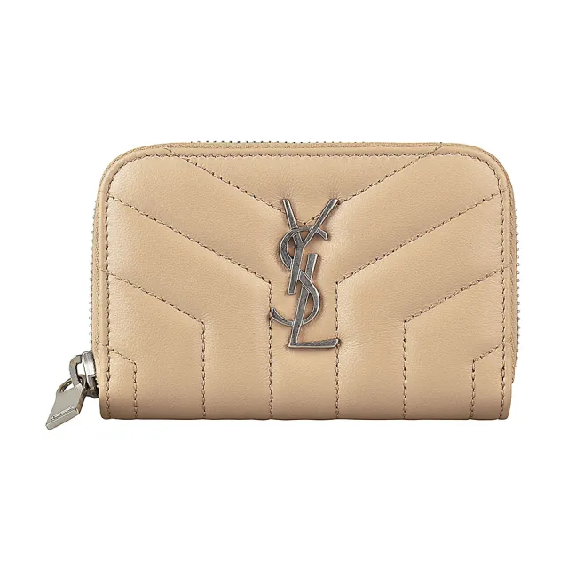 【YSL】YSL SAINT LAURENT LOULOU銀字LOGO拉鍊Y字紋牛皮零錢包(展示品/深米)