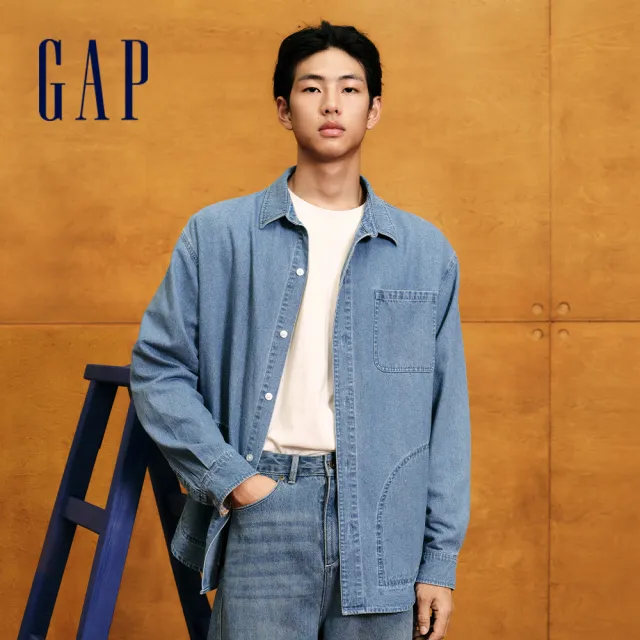 【GAP】男裝 純棉翻領長袖襯衫-淺色水洗(636629)