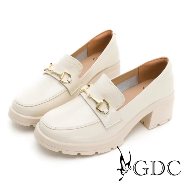 【GDC】英倫簡約酷甜真皮圓頭粗跟樂福鞋-白色(310440-10)