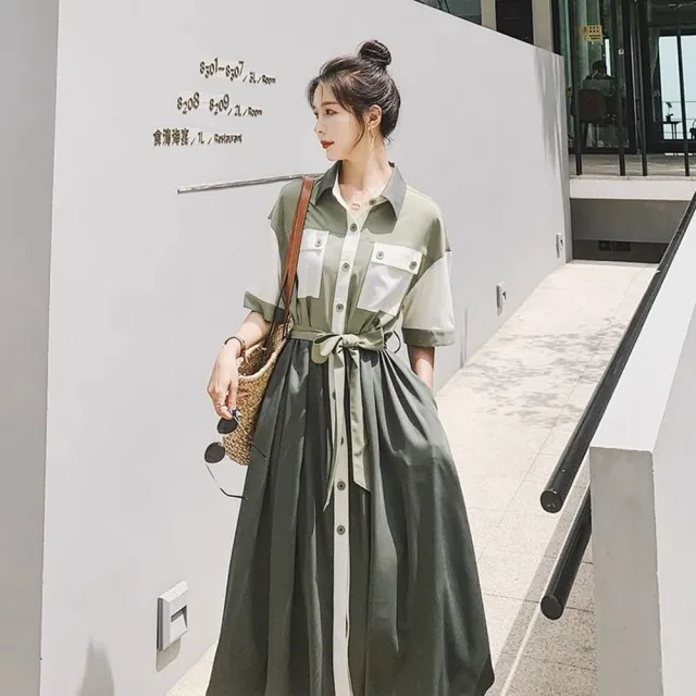 【巴黎精品】現貨+預購 連身裙短袖洋裝(拼接撞色翻領綁帶女裙子a1fc2 28)