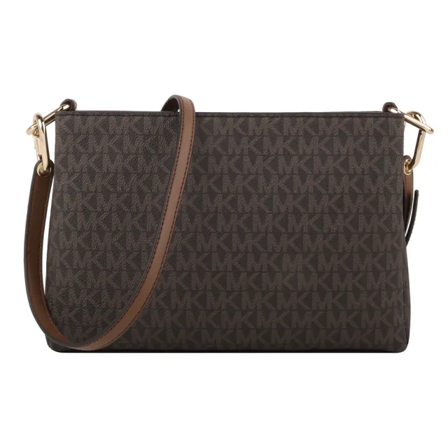 【Michael Kors】金字滿版MK PVC皮革三層斜背包(深咖)