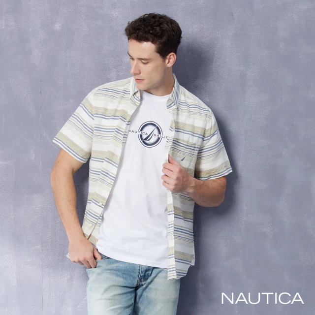 NAUTICA 男裝 百搭條紋棉麻短袖襯衫(白色)