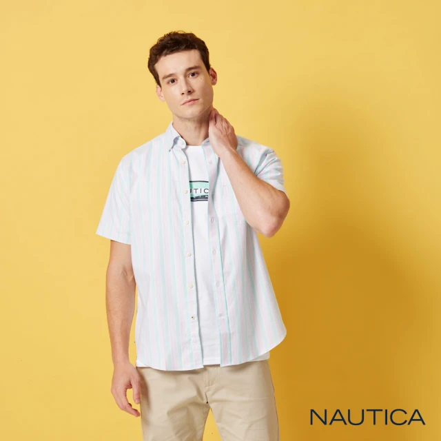 NAUTICA 男裝 夏日休閒條紋短袖襯衫(粉紫色)