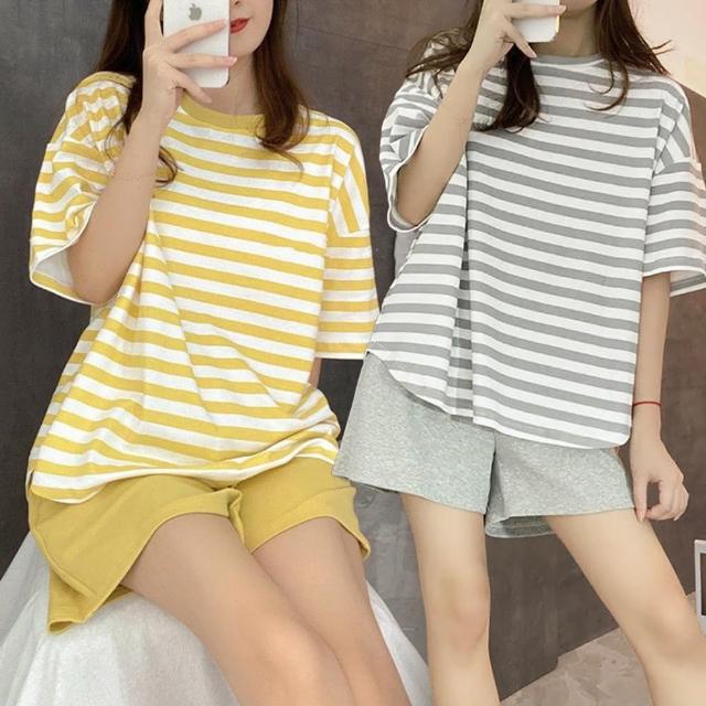 【藍尼居家】★帶胸墊條紋家居服套裝(女睡衣/家居服/涼感)