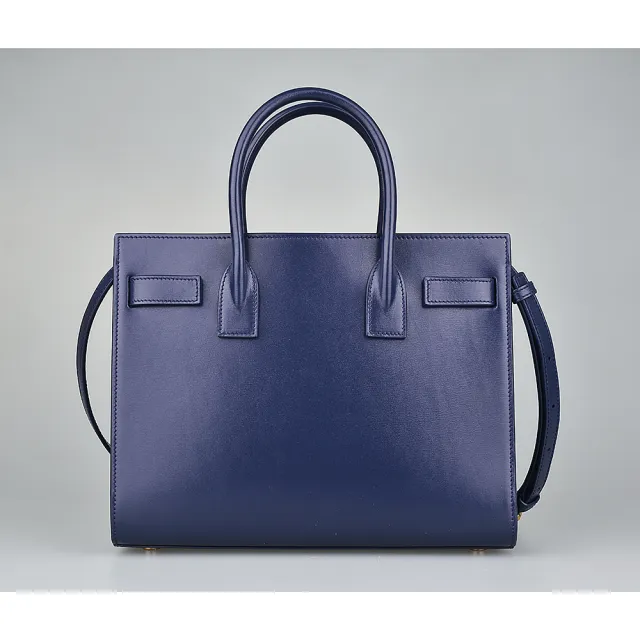 【YSL】YSL SAINT LAURENT SAC DE JOUR燙金LOGO牛皮開口式手風琴手提斜背包(炭藍)