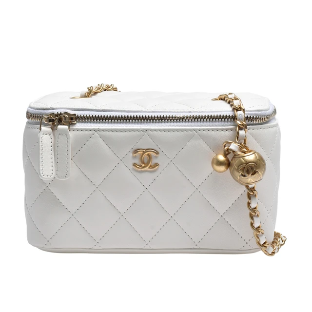 CHANEL 香奈兒 經典雙C LOGO小金球菱格小羊皮拉鍊斜背長型小包(白AP2303L-WHI-GP)