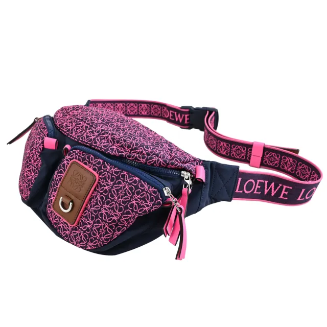 【LOEWE 羅威】經典品牌LOGO印花三用腰包胸口包後背包(桃/深藍 大)