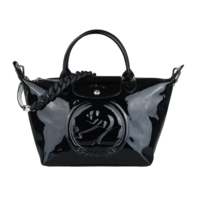 LONGCHAMP LONGCHAMP LE PLIAGE CUIR壓印奔馬LOGO漆面小牛皮短把拉鍊手提斜背水餃包(小/黑)