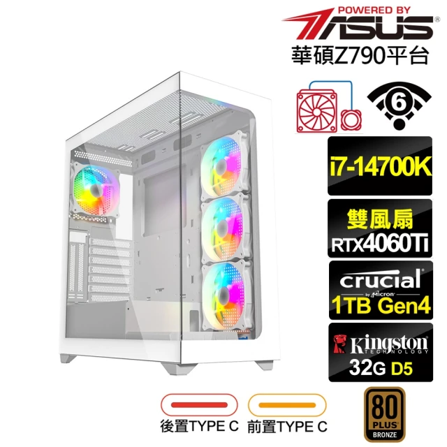 華碩平台 i7廿核GeForce RTX 4060TI{英雄K74C}水冷電競電腦(i7-14700K/Z790/32G/1TB/WIFI)