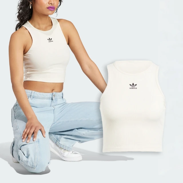 adidas 愛迪達 背心 Essentials Rib Tank Top 女款 米白 黑 修身 三葉草 無袖 愛迪達(IJ8257)