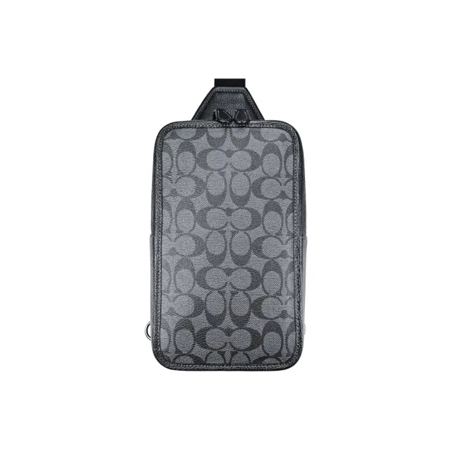 【COACH】碳黑C Logo黑邊真皮直式方型單肩胸背斜後背男包