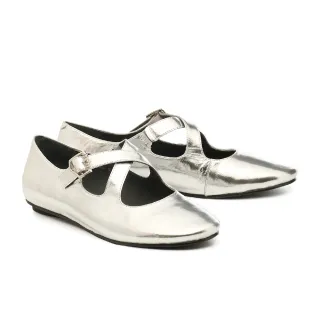 【MISS 21】微甜芭蕾交叉帶全真皮瑪莉珍圓頭平底鞋(銀)