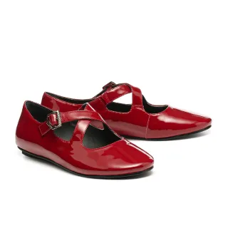 【MISS 21】微甜芭蕾交叉帶全真皮瑪莉珍圓頭平底鞋(紅)