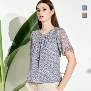 【TOWN’WEAR 棠葳】甜美印花雪紡上衣 2色(中大尺碼/女上衣/女上著/短袖/輕薄/領結/滿版)