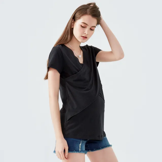 【Gennies 奇妮】垂墜風哺乳上衣-黑(哺乳衣 短袖哺乳衣 假兩件 修身 下拉哺乳)