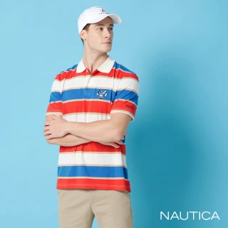 【NAUTICA】撞色條紋短袖旗語LOGO刺繡短袖POLO衫(藍紅色)