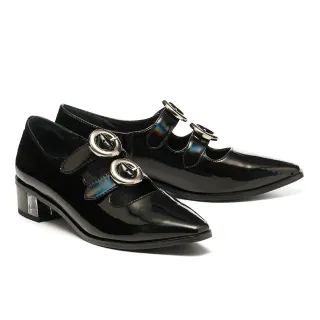 【MISS 21】迷戀幻彩圓釦雙繫帶瑪莉珍尖頭高跟鞋(幻黑)