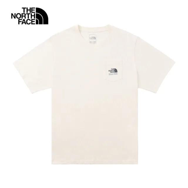 【The North Face 官方旗艦】北面男女款米白色胸前LOGO口袋短袖T恤｜88G4QLI(上衣/LOGO)