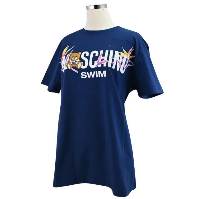 【MOSCHINO】品牌英文LOGO泰迪熊夏日風個性棉短T恤(藍)