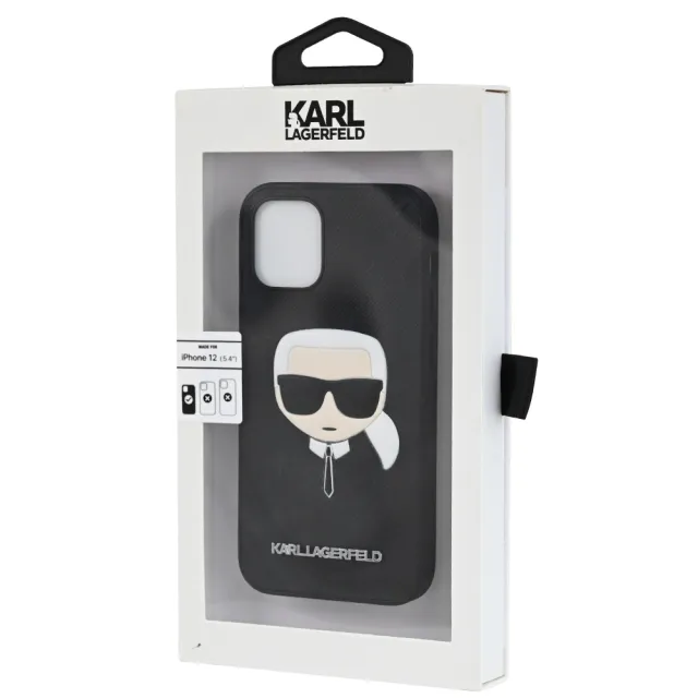 【KARL LAGERFELD 卡爾】老佛爺 Iphone12 立體公仔LOGO手機套(黑 5.4吋)