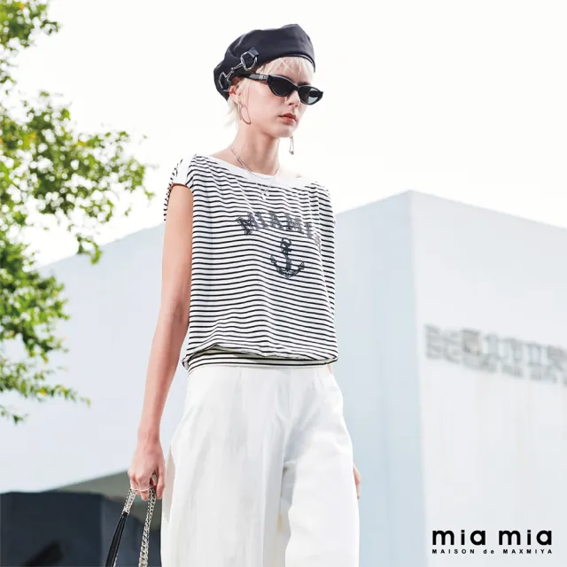 【mia mia】條紋MIA MIA船錨小蓋袖T恤