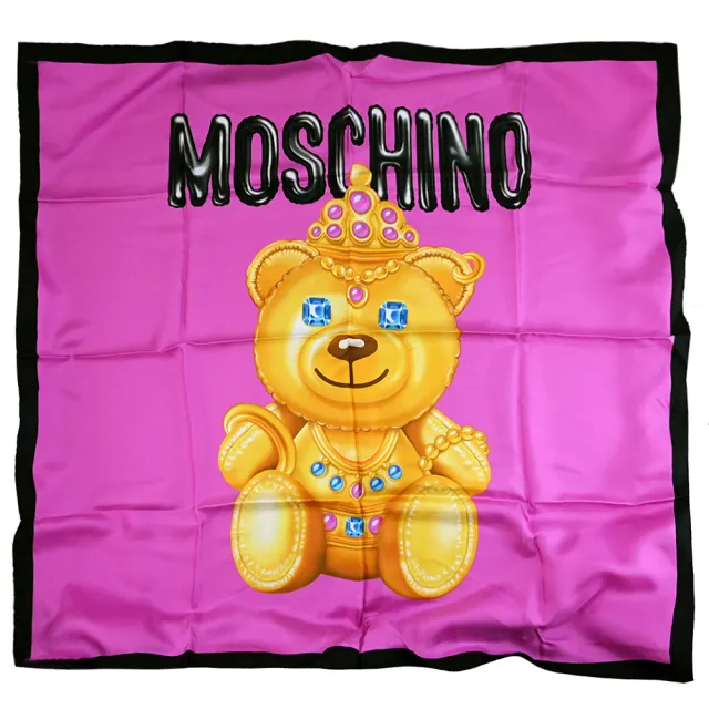 【MOSCHINO】經典黃金氣球泰迪熊純絲綢披肩領巾圍巾(紫)