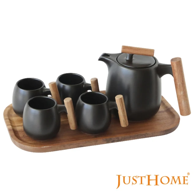 Just Home 黑墨陶瓷茶具組-1個壺+4個茶杯+1個原木托盤(茶具組 泡茶組 茶壺 茶杯)