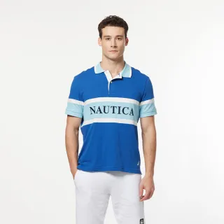 【NAUTICA】男裝 撞色拼接品牌LOGO短袖POLO衫(藍色)